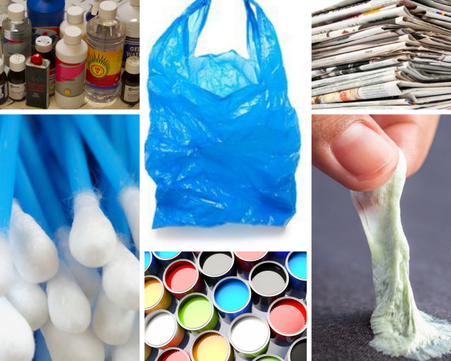 Chemikalia, torebki foliowe, gazety, patyczki higieniczne, farby, guma do żucia